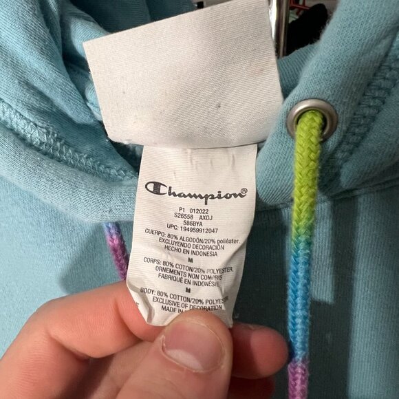 Champion Pullover Hoodie Embroidered Logo Blue Rainbow Sweatshirt Size M - Picture 10 of 10